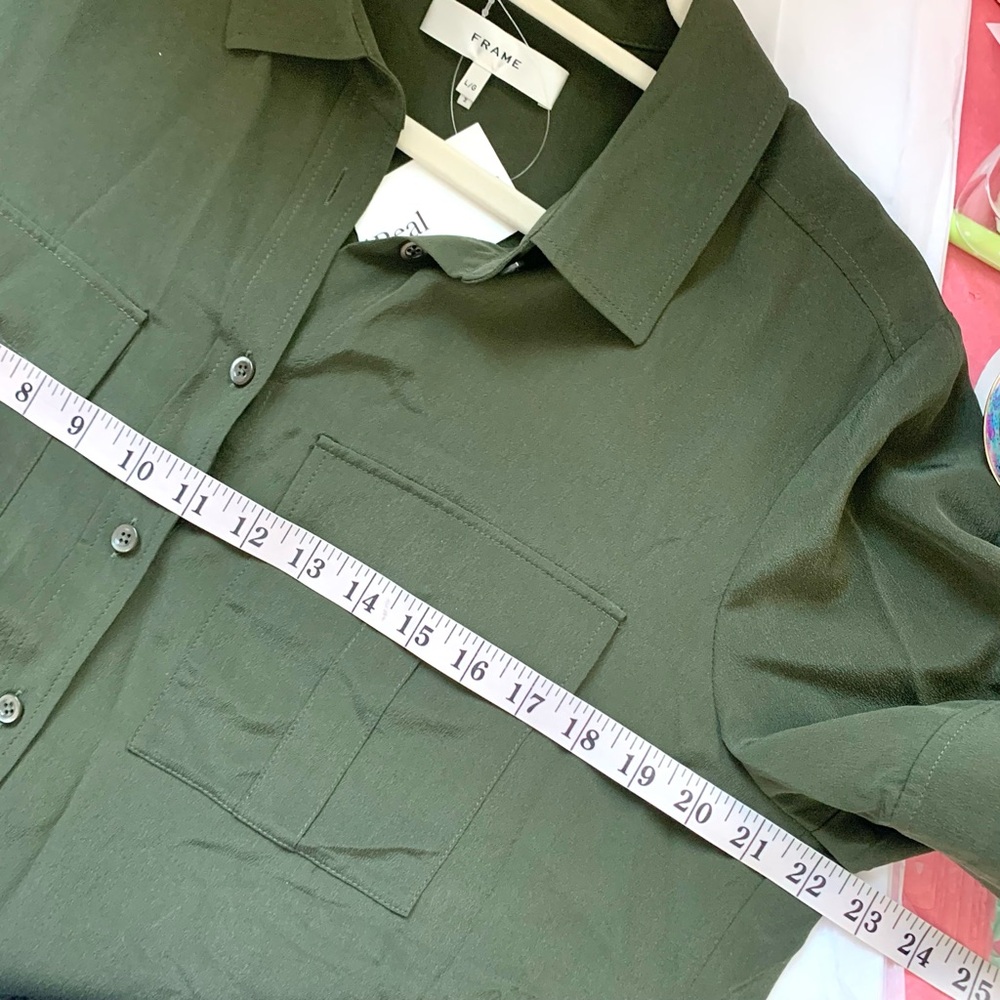 FRAME Silk Short Sleeve Flap Pocket Button Up Shirt Blouse Military Green LG - Picture 13 of 16